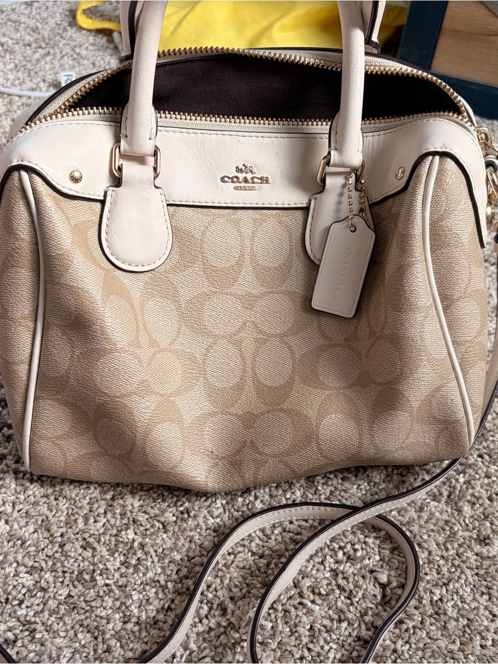 Coach Beige Signature Satchel with Light Leather Trim